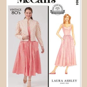 May include: Vintage McCall's sewing pattern for a dress with a gingham print and a matching jacket. The pattern is from the 1980s and is a Laura Ashley design. The pattern number is M8464.