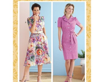 Misses/Plus Easy to Sew Short Sleeve Fitted or Flared Front Button Dress Sewing Pattern, Easy to Sew Dress Sewing Pattern Butterick 6726