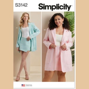 May include: Simplicity pattern S3142 features two women modeling matching skirt suits. One suit is light blue, the other is pink. The suits include a blazer and a skirt. The pattern is designed and printed in the USA.