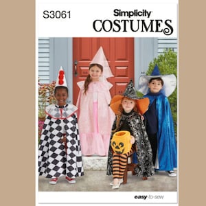 May include: Simplicity S3061 sewing pattern for children's costumes. The cover features four children wearing a black and white harlequin cape, a pink fairy cape with a matching hat, a black witch cape with an orange brim, and a blue wizard cape.