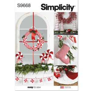 May include: A Simplicity sewing pattern, S9668, for making Christmas decorations. The pattern includes instructions for making a candy cane wreath, candy cane stocking, candy cane tree topper, and a candy cane garland.