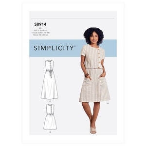 Simplicity 8914 Sewing Pattern, Misses and Plus Size Easy to Sew Dresses and Belt, Casual Elastic Waist Dresses with Front Pockets