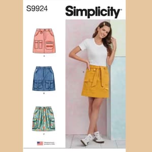Simplicity S9924 Sewing Pattern for Misses' Mid-Rise Cargo Mini Skirts with Pocket Variations, Skirt with Front Fly Zipper and Tie Belt