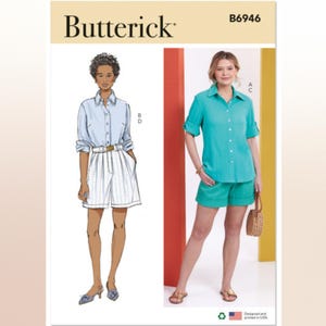 May include: A sewing pattern for a shirt and shorts. The pattern is from Butterick and the pattern number is B6946. The shirt is a light blue color and the shorts are white with a black stripe pattern. The model is wearing a light blue shirt and white shorts with a black stripe pattern.