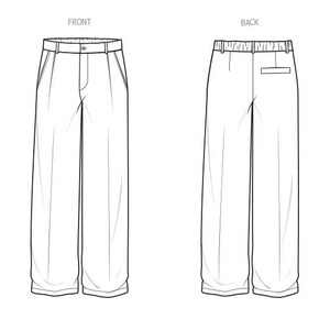 K&ouml;nnte beinhalten: Strichzeichnung einer Hose mit weitem Bein, Vorder- und R&uuml;ckansicht. Die Vorderansicht zeigt einen Knopfverschluss, Taschen und Falten. Die R&uuml;ckansicht zeigt eine Tasche und einen elastischen Bund. Die Hose ist in einer neutralen Farbe gehalten.