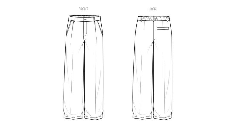 K&ouml;nnte beinhalten: Strichzeichnung einer Hose mit weitem Bein, Vorder- und R&uuml;ckansicht. Die Vorderansicht zeigt einen Knopfverschluss, Taschen und Falten. Die R&uuml;ckansicht zeigt eine Tasche und einen elastischen Bund. Die Hose ist in einer neutralen Farbe gehalten.