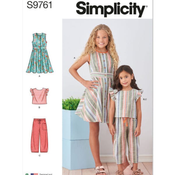 Simplicity S9761 Sewing Pattern, Children's and Girl's Pull-On Cropped Top, Pants and Front Button Dress, Girl's Summer Party Dresses