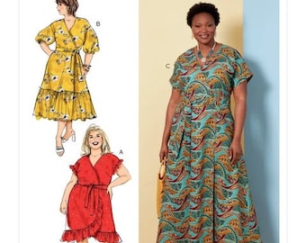 Butterick 6873 Sewing Pattern, Women's | Plus Size Easy to Sew Wrap Dress and Sash, Casual Side Wrap Dresses with Hem Ruffle