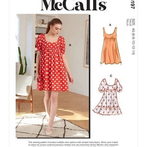 McCall's M8197 Sewing Pattern, Misses' and Plus Size Easy to Sew Baby Doll Dresses, High Waisted Dresses with Flared Skirt