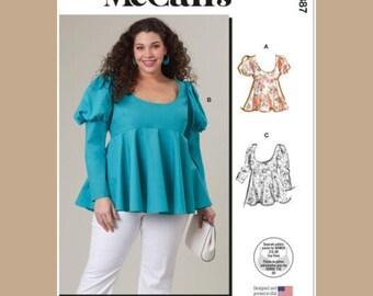 McCall’s Pattern M8387Sewing Pattern for Women's Easy to Sew Fit and Flare Tops, Scoop Neck Blouse with Long Juliet or Short Puffed Sleeves