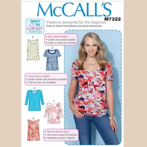 McCall&#39;s M7322 Sewing Pattern for Misses&#39; Easy to Sew Semi-Fitted Pullover Knit Top, Learn to Sew  Top with Sleeve & Neckline Variations