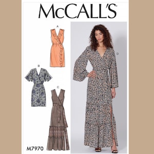 May include: McCall's sewing pattern M7970. The image shows a woman wearing a long, leopard print dress with a slit. The pattern includes illustrations of wrap dresses with different sleeve and hemline options. The McCall's logo is at the top.