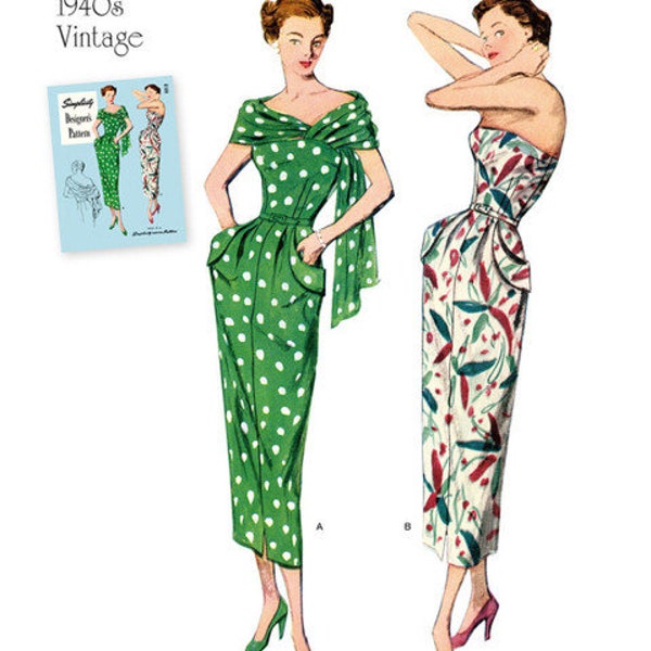 Simplicity S8876 Sewing Pattern for Misses' 1940's Vintage Dress and Stole, Retro Style Fitted Strapless Midi-Length Dress & Wrap