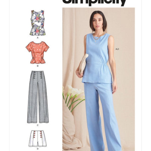 Sewing Pattern for Women's Peplum or Cropped Tops, Wide Leg Pants and Shorts, Simplicity  Pattern S9612, Casual Mix and Match Outfit