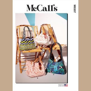 May include: McCall's M8307 pattern featuring four different bag designs. The bags are displayed on bamboo chairs. The bags have various patterns, including zigzags, floral, and geometric designs. The bags are in shades of blue, white, yellow, and brown.