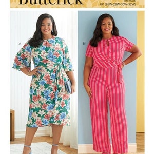 Butterick B6826 Sewing Pattern, Women's and Plus Size Faux Wrap Dress & Jumpsuit, Easy to Sew Dress and Jumpsuit