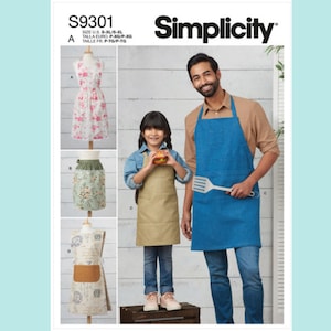 May include: Simplicity sewing pattern S9301 featuring four apron styles. View A is a floral print apron, View B is a two-tone apron, View C is a solid tan apron, and View D is a patterned apron with a solid pocket. Sizes range from S to XL.