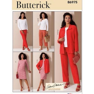 May include: A sewing pattern for a red jacket, pants, and dress. The pattern is from Butterick and is designed by Palmer/Pletsch. The pattern number is B6975.