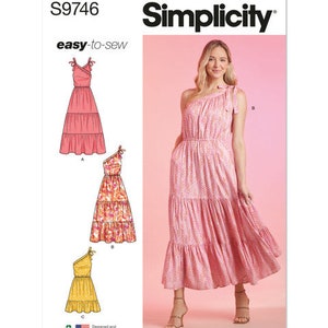 Sewing Pattern for Womens Easy to Sew Tiered Dresses, Simplicity S9746 Pattern, Boho Dress with Crossover or One Shoulder Tie Options
