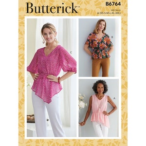 Butterick B6764 Sewing Pattern, Misses and Women's Plus Size Easy to Sew V-Neck Peplum Top,  Blouse with Hem and Sleeve Variations