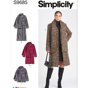 May include: Simplicity sewing pattern S9685 for a coat with three different styles. The pattern shows a long, brown and white patterned coat with a collar, a long gray coat with a collar, and a long red coat with a collar.