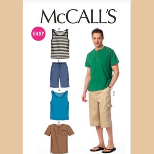May include: McCall's sewing pattern featuring a man in a green Henley shirt and khaki shorts. The pattern includes options for a striped tank top, blue shorts, a blue tank top, and a brown Henley shirt. The word "EASY" is in a pink circle.