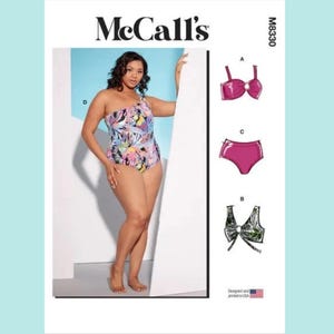 May include: McCall's M8330 sewing pattern featuring a one-shoulder swimsuit with a tropical floral print. The pattern also includes a bikini top and high-waisted bottoms. Designed and printed in the USA.