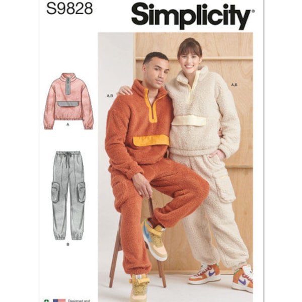 Simplicity S9828 Sewing Pattern for Unisex Sweatshirt and Pants, His & Hers Fleece Activewear, Men's And  Misses' Half Zip Top and Pants