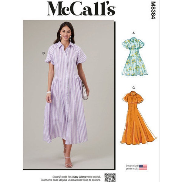 McCall's M8384 Sewing Pattern for Misses Shirtdress with Puffed Sleeves,  Dress with Collar in Two Lengths with Optional Waist Gathers