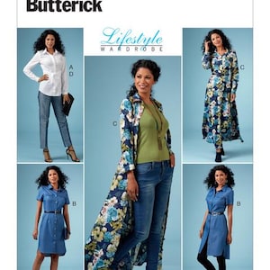 May include: A Butterick sewing pattern sheet featuring a "Lifestyle Wardrobe" collection. The image showcases various clothing styles, including a white button-down shirt, denim dress, and floral print duster coat. The pattern number is B6640.