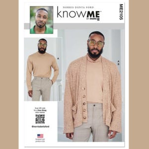 May include: A sewing pattern titled "knowME" by Mimi G, featuring a man wearing a tan turtleneck and a matching cardigan. The pattern includes a small headshot and a full-body image. The pattern is designed and printed in the USA.