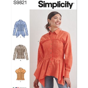 Simplicity S9821  Sewing Pattern, Misses&#39; Blouse with Collar, Sleeve and Hemline Variations, Button Closure Shirt with Pin Tucked Bodice