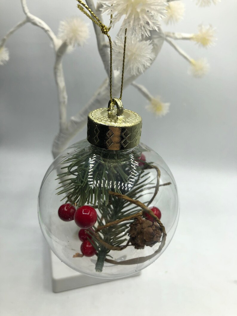 May include: A clear, spherical glass ornament featuring a gold-colored cap and a gold hanging string. Inside the hollow sphere are green artificial pine needles, small red berries, a brown pinecone, and thin brown twine wrapped around the foliage.