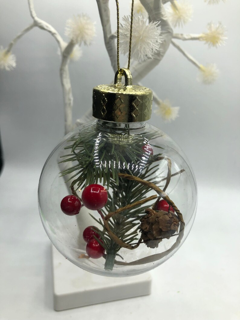 May include: A clear spherical Christmas ornament featuring a gold-colored cap and a gold hanging string. Inside the transparent globe are green pine needles, small red berries, a brown pinecone, and thin brown decorative twine.