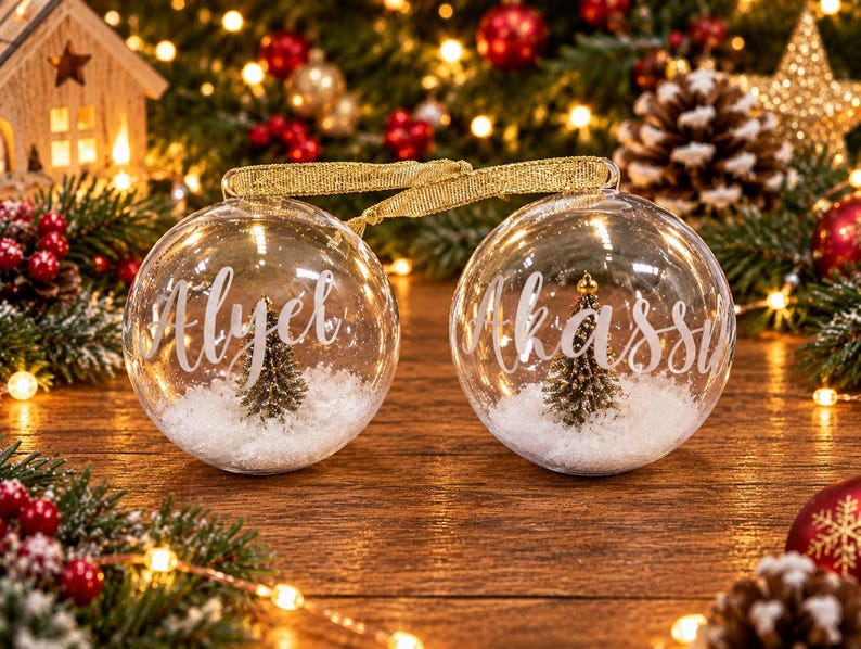May include: Two clear spherical glass ornaments featuring white script text reading Alyet and Akassia. Each ornament contains a miniature green pine tree set in artificial white snow and is connected by a gold ribbon for hanging.