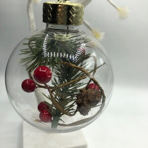 May include: A clear, spherical Christmas ornament featuring a gold-colored cap and a gold hanging string. Inside the transparent globe are green pine needles, small red berries, a brown pinecone, and a thin, twisted brown vine-like element.