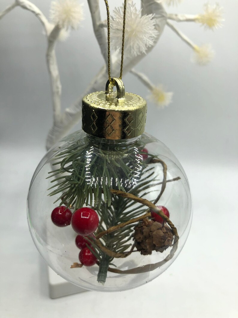May include: A clear spherical Christmas ornament featuring a gold-colored cap and a gold hanging string. Inside the transparent globe are green pine needles, small red berries, a brown pinecone, and thin brown twigs arranged decoratively.