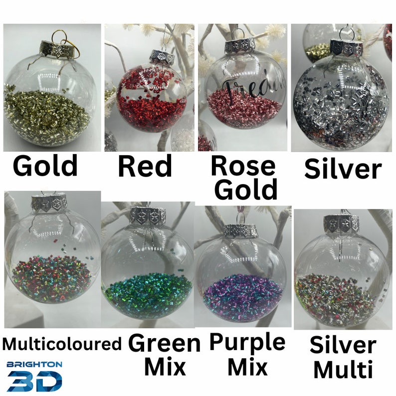 May include: A collection of eight clear spherical glass ornaments, each featuring a silver-toned metal cap and filled with small, metallic confetti pieces in gold, red, rose gold, silver, multicolored, green mix, purple mix, and silver multi.