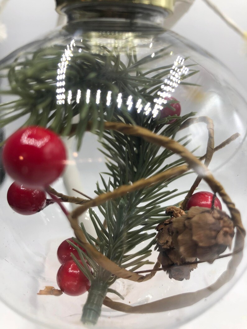 May include: A clear glass spherical ornament featuring a gold-toned cap and a hanging loop. Inside the hollow sphere are green artificial pine needles, small bright red berries, a brown pinecone, and thin, twisted brown paper-like decorative strips.
