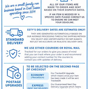 May include: An informational graphic for Brighton 3D with blue text on a white background. It details business operations, order processing, delivery estimates, courier services, postage upgrades including Tracked24 and Next Day Delivery, and social media links.