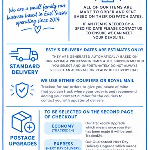 May include: An informational graphic for Brighton 3D with blue text on a white background. It details business operations, order processing, delivery estimates, courier services, postage upgrades including Tracked24 and Next Day Delivery, and social media links.