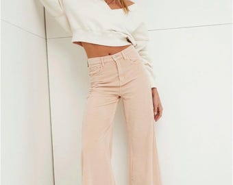Free People Ellie Corduroy Wide Leg Jeans High Rise Peach Pastel Size 24