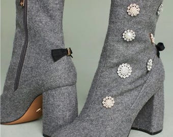 Anthropologie Nanette Lepore Linette Wool Embellished Bow Ankle Boots Grey 7