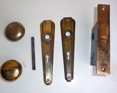 Antique Hardware Set Brass Door Knobs Art Deco Backplate Mortise Lock