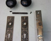 Antique Vintage Set EASTLAKE Backplates Black Porcelain Door Knobs Mortise Lock