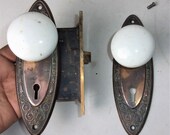 Antique Vintage Set Victorian Backplates White Porcelain Door Knobs Mortise Lock