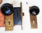 Antique Vintage Set EASTLAKE Backplates Black Porcelain Door Knobs Mortise Lock