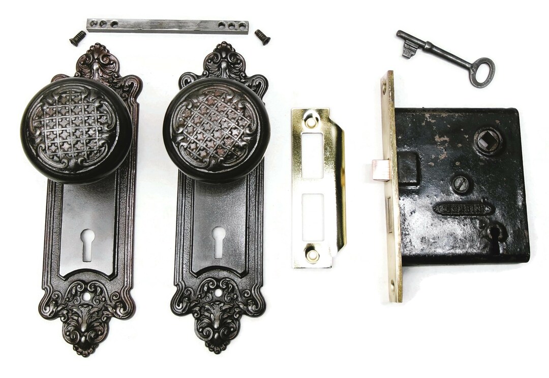 Antique Door Set Victorian / Eastlake Backplate Knob Mortise Lock Key ...