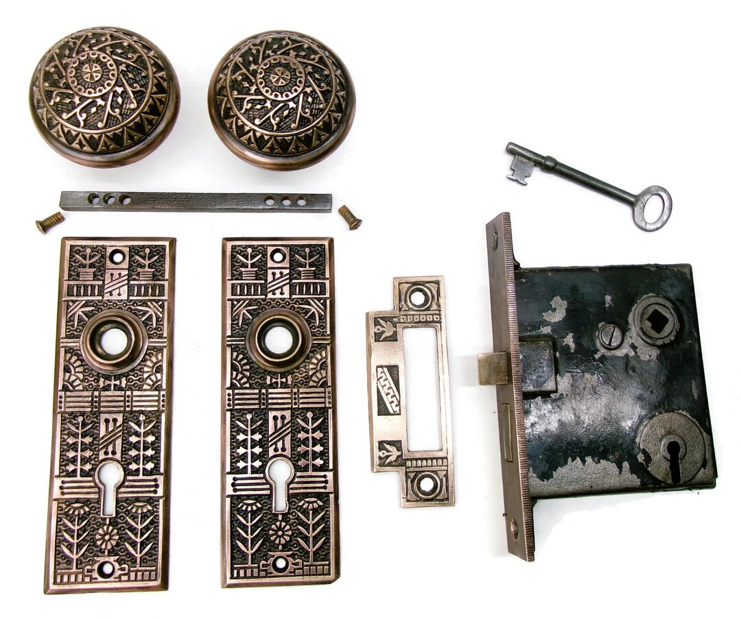 Antique Door Set Victorian / Eastlake Backplate Knob Mortise Lock Key ...