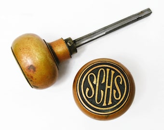 Rare Antique Vintage Victorian Monogrammed SCHS Heavy Brass Door Knobs w Spindle